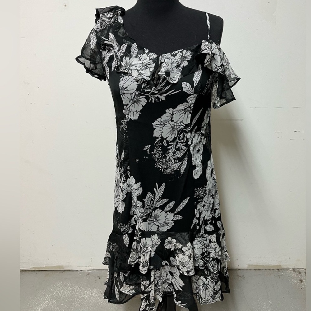 Colleen Lopez Ruffle lined black floral dress size 12